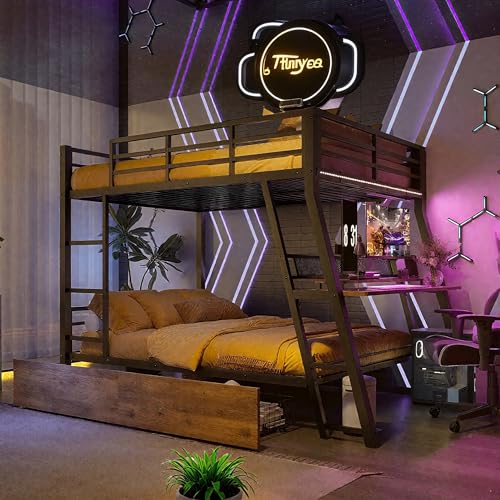 Starkes Etagenbett mit Schreibtisch & LED-Licht | 140 x 200cm | 242kg Tragkraft | Inkl. 2 Schubladen | Fernbedienung | MDF-Platten | Sicherheitsgeländer (140 x 200cm) von NordicLume