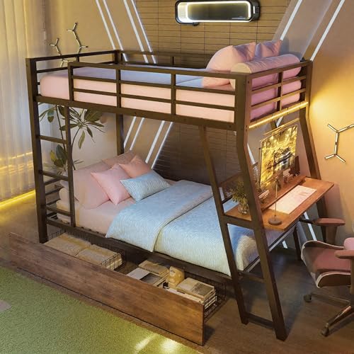 Starkes Etagenbett mit Schreibtisch & LED-Licht | 140 x 200cm | 242kg Tragkraft | Inkl. 2 Schubladen | Fernbedienung | MDF-Platten | Sicherheitsgeländer (90 x 200cm) von NordicLume
