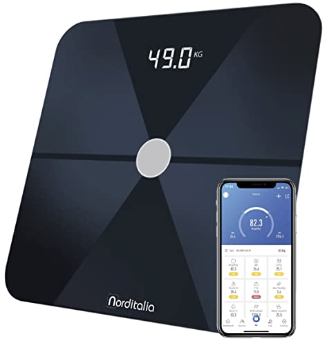 NORDITALIA, BI 250, intelligente Waage mit Bluetooth, Körperkomposition mit 12 Parametern, Batterien im Lieferumfang enthalten, Diagnosewaage aus gehärtetem Glas von Norditalia