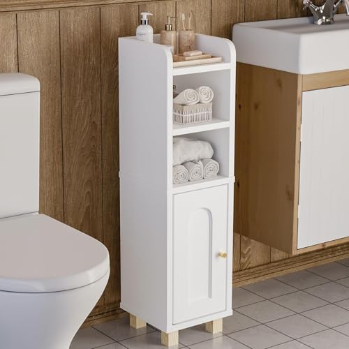 Nordivale Badezimmerschrank mit Einzeltür, Badschrank mit 4 Fächern in Holz, Regal Schmal 20cm tief, Nischenschrank, Kleiner Schrank für Badezimmer/Wohnzimmer/Küche/Flur, Weiß von Nordivale