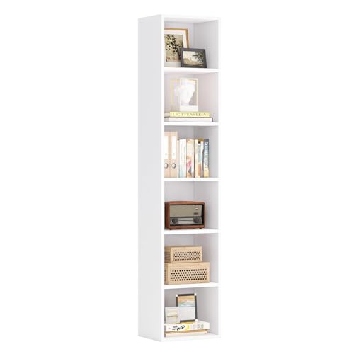 Nordivale Bücherregal Schmal, Bücherregal Weiß, Standregal, Modernes offenes Regal aus Holz, für Wohnzimmer, Schlafzimmer, Büro, Arbeitszimmer, 6 Ebenen von Nordivale