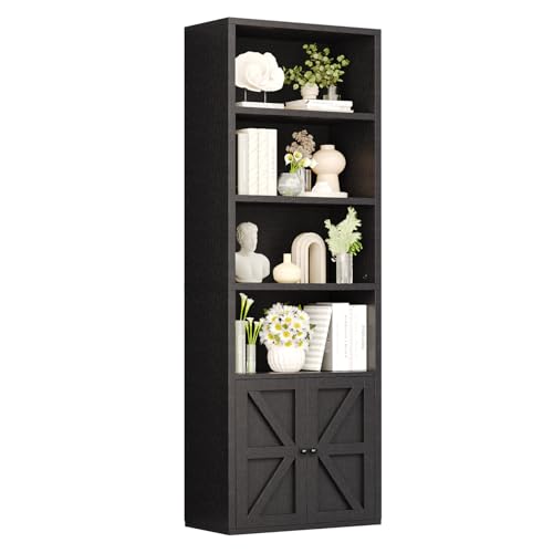 Nordivale Bücherregal mit Türen, Bücherregal Schwarz aus Holz, Bücherschrank Hoch mit 6 Ebenen, Standregal, für Wohnzimmer, Schlafzimmer, Büro, Arbeitszimmer von Nordivale