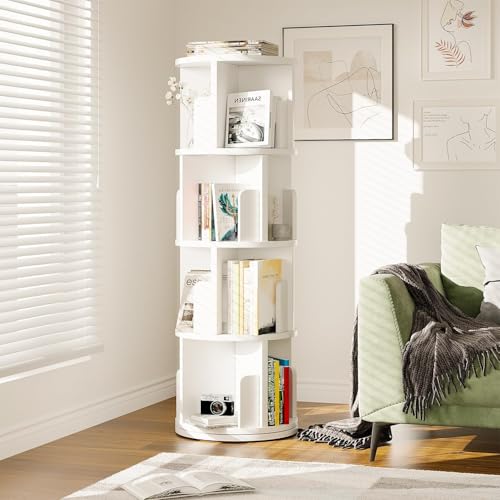 Nordivale Drehbares Bücherregal 360° Frei, Brehregal Düroregal Weiß, für Wohnzimmer, Arbeitszimmer, Büro, als Raumteiler, 4 Ebenen von Nordivale