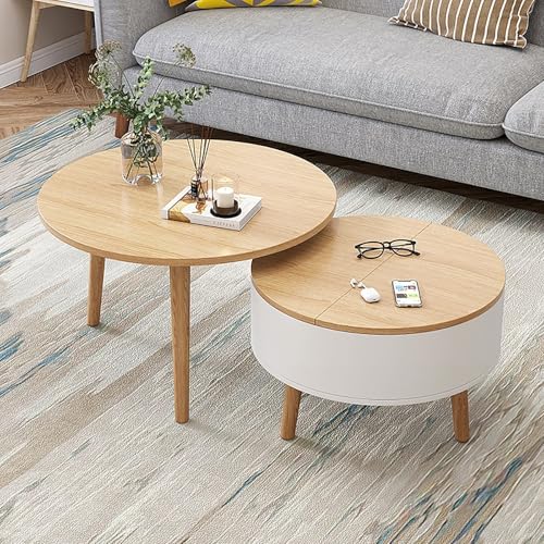 2er Set Runde Couchtische mit Stauraum, Stapelbare Wohnzimmertische aus Holz mit Klappdeckel, Kleiner Beistelltisch mit Verstecktem Fach für Wohnzimmer oder Kleine Räume(60cm/23.6in,Brown/white) von Nordivo
