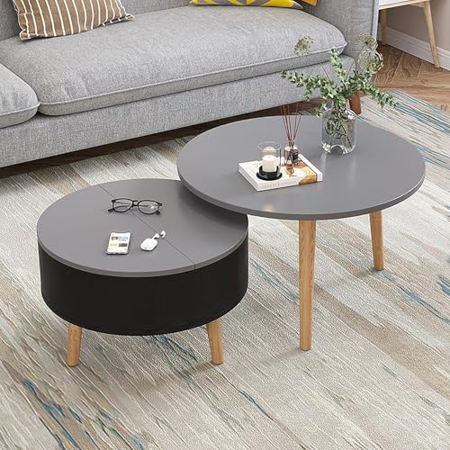 2er Set Runde Couchtische mit Stauraum, Stapelbare Wohnzimmertische aus Holz mit Klappdeckel, Kleiner Beistelltisch mit Verstecktem Fach für Wohnzimmer oder Kleine Räume(60cm/23.6in,Gray/black) von Nordivo