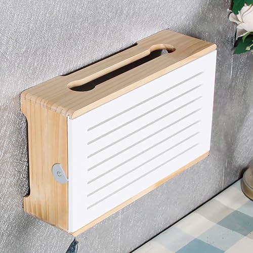 Holz Wandregal, WLAN Aufbewahrungsbox, Multifunktionaler Verstecker für Multimedia-Geräte, Abdeckung, Korb zum Verbergen für Zuhause und Büro(White/Brown,L34cm/13in) von Nordivo