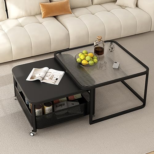 Kreativer Quadratischer Couchtisch Aus Glas Mit Metallrahmen,Couchtisch 2er Set Mit Stauraum,Wohnzimmertisch Mit Platte Aus Gehärtetem Glas,Ausziehbar Tisch Wohnzimmer auf Rollen(Black,70cm/27.5in) von Nordivo