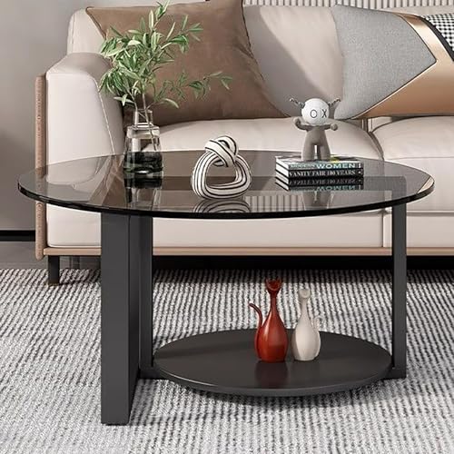 Kreativer Runder Couchtisch Aus Glas Mit Metallrahmen,Runder Wohnzimmertisch Mit Platte Aus Gehärtetem Glas,Mit Stauraum,Boden-Tee-Tisch,Schwarzer Sockel,Cocktail Beistelltisch(Gray/Black,70cm/27.5in) von Nordivo