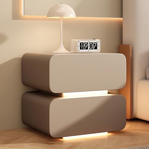 Nachttisch Aus Holz,minimalistischer Nachttisch Mit 2 Schubladen,Beistelltisch Mit LED Licht,Im Creme -stil,Moderne Einfache Schlafzimmer Beistell,für Wohnzimmer, Schrank(Khaki,L50cm/19.6in-2) von Nordivo
