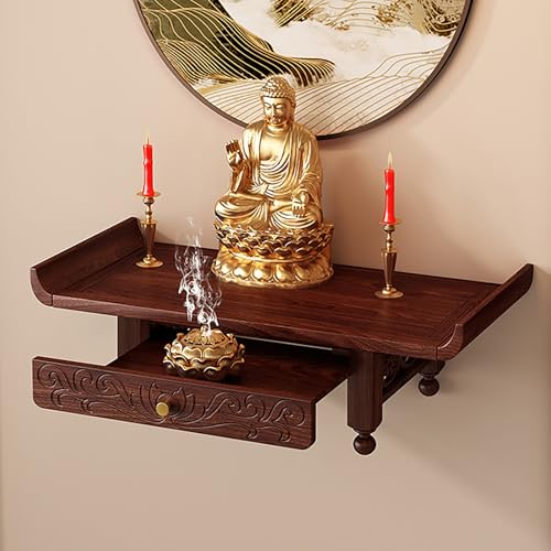Nordivo Buddha Altar Schrank aus Holz mit Verstecktem Auszug, Chinesisches Wandregal für Buddha Statue, Wandmontierter Buddhistische Schrein Holzschrank(L40cm/15.7in-2) von Nordivo