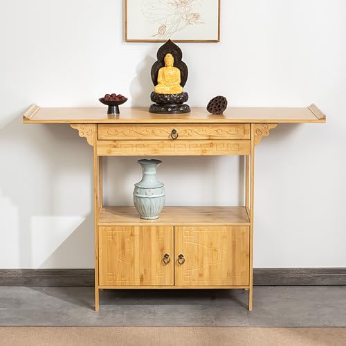 Nordivo Buddha Schrein Opfertisch aus Bambus, Buddhistische Gebetstisch mit Ablage, Feng Shui Statue Regal, Meditationstisch mit Stauraum, Puja Tisch(Brown,L100cm/39.3in) von Nordivo