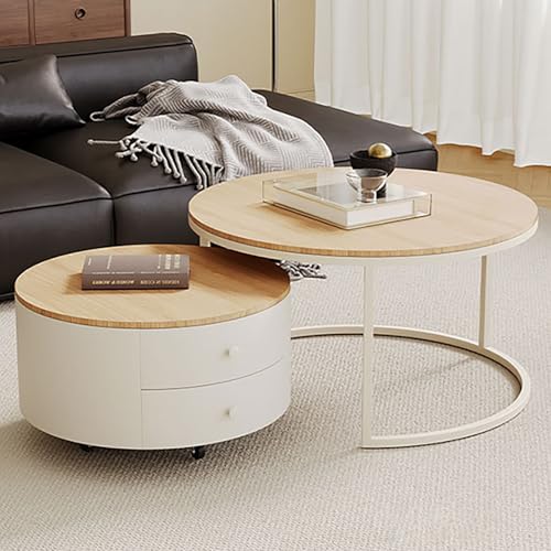 Nordivo Kreativer Runder Couchtisch Aus Glas Mit Metallrahmen,Couchtisch Rund 2er Set,Kleiner Tisch Mit Stauraum,Nachttisch Sofatisch Mit Rädern,für Wohnzimmer Oder Büro(Light Brown) von Nordivo