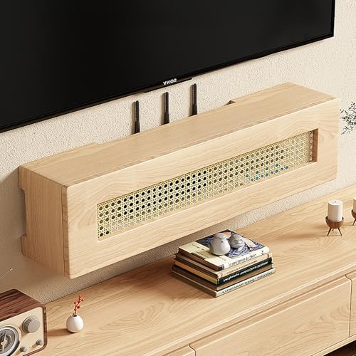 Nordivo Rattan Router Regal, Holz Wandmontierte WLAN Box Abdeckung, Wandregal Steckdosenleiste und Router Versteck, Router Schrank für Büro und Zuhause(Brown,L60cm/23.6in) von Nordivo