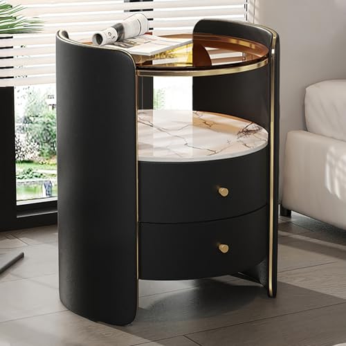 Nordivo Runder Nachttisch Mit Lederfinish Und Schubladen,Massivholzspeicherschrank,Moderne Einfache Schlafzimmer Beistell Mit Gehärtetem Glas,für Schlafzimmer, Wohnzimmer, Schrank(Black,H24.4in/62cm) von Nordivo