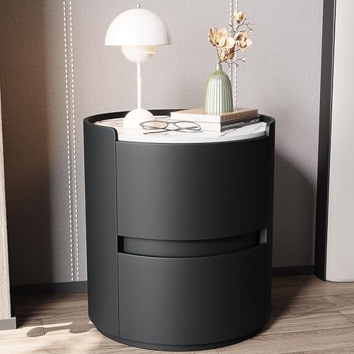 Nordivo Runder Nachttisch aus Holz Moderner,minimalistischer Nachttisch mit 2 Schubladen,Einfache Schlafzimmer Beistell,Keine Installation erforderlich,für Bett oder Sofa(Black,50 * 50cm/20 * 20") von Nordivo