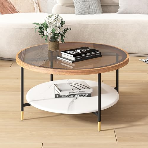Nordivo Runder Wohnzimmertisch mit Platte aus Gehärtetem Glas,Couchtisch Modern mit Metallrahmen,2-stufiger Beistelltische Mit Offenem Fach für Schlafzimme(Brown,80cm/31.5in) von Nordivo