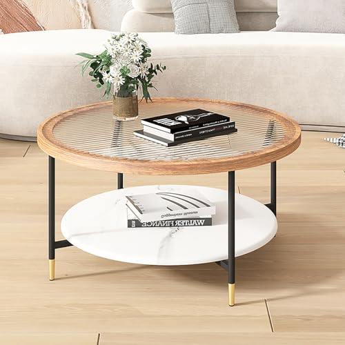 Nordivo Runder Wohnzimmertisch mit Platte aus Gehärtetem Glas,Couchtisch Modern mit Metallrahmen,2-stufiger Beistelltische Mit Offenem Fach für Schlafzimme(Translucent,70cm/27.5in) von Nordivo