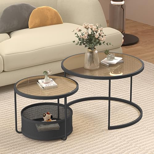 Runder Couchtisch Aus Glas Mit Metallrahmen,Couchtisch Rund 2er Set Mit Stauraum,Kleiner Moderner Dekorativer Wohnzimmertisch Auf Rädern,Für Wohnung, Schlafzimmer(Black/Brown,L27.5in/70cm) von Nordivo
