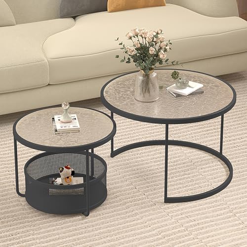 Runder Couchtisch Aus Glas Mit Metallrahmen,Couchtisch Rund 2er Set Mit Stauraum,Kleiner Moderner Dekorativer Wohnzimmertisch Auf Rädern,Für Wohnung, Schlafzimmer(Black/Translucent,L27.5in/70cm) von Nordivo