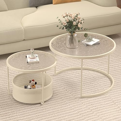 Runder Couchtisch Aus Glas Mit Metallrahmen,Couchtisch Rund 2er Set Mit Stauraum,Kleiner Moderner Dekorativer Wohnzimmertisch Auf Rädern,Für Wohnung, Schlafzimmer(Translucent,L23.6in/60cm) von Nordivo
