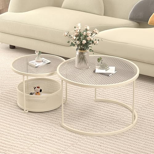 Runder Couchtisch Aus Glas Mit Metallrahmen,Couchtisch Rund 2er Set Mit Stauraum,Kleiner Moderner Dekorativer Wohnzimmertisch Auf Rädern,Für Wohnung, Schlafzimmer(Transparent,L27.5in/70cm) von Nordivo