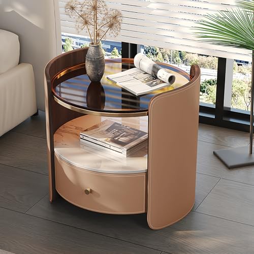 Runder Nachttisch Mit Lederfinish Und Schubladen,Massivholzspeicherschrank,Moderne Einfache Schlafzimmer Beistell Mit Gehärtetem Glas,für Schlafzimmer, Wohnzimmer, Schrank(Brown orange,H19.6in/50cm) von Nordivo