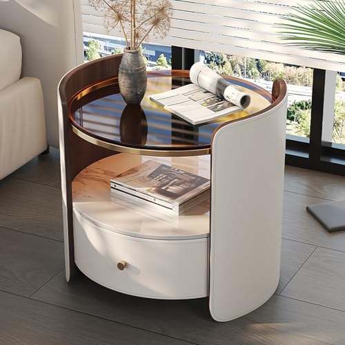 Runder Nachttisch Mit Lederfinish Und Schubladen,Massivholzspeicherschrank,Moderne Einfache Schlafzimmer Beistell Mit Gehärtetem Glas,für Schlafzimmer, Wohnzimmer, Schrank(Cream white,H19.6in/50cm) von Nordivo