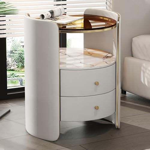 Runder Nachttisch Mit Lederfinish Und Schubladen,Massivholzspeicherschrank,Moderne Einfache Schlafzimmer Beistell Mit Gehärtetem Glas,für Schlafzimmer, Wohnzimmer, Schrank(Cream white,H24.4in/62cm) von Nordivo