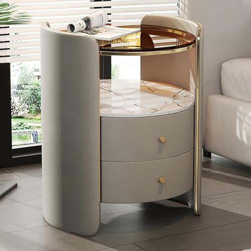 Runder Nachttisch Mit Lederfinish Und Schubladen,Massivholzspeicherschrank,Moderne Einfache Schlafzimmer Beistell Mit Gehärtetem Glas,für Schlafzimmer, Wohnzimmer, Schrank(Light grey,H24.4in/62cm) von Nordivo