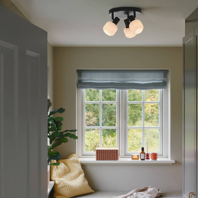 Deckenleuchte Milford Mini, 3-flammig, schwarz, Glas gerippt von Nordlux