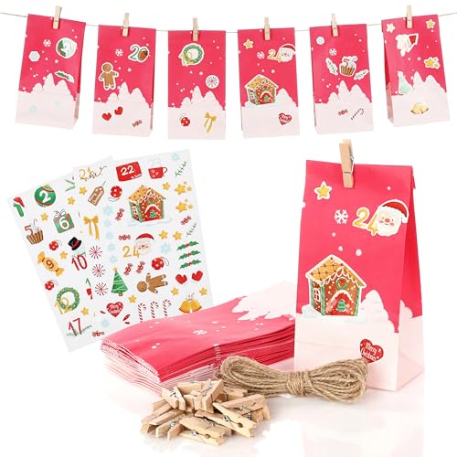Nordstern Adventskalender zum Befüllen 2025 mit 24 Weihnachts-Papiertüten, Weihnachtsaufkleber, Juteschnur und Holz Klammern, Geschenktüten zum Basteln und Verschenken von Nordstern