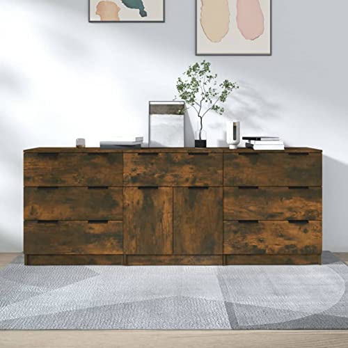 Norheim Sideboards 3-TLG. Kommoden Sideboards Schlafzimmer Kommode Schubladenkommode Beistelltisch Highboard für Wohnzimmer Räuchereiche Holzwerkstoff von Norheim