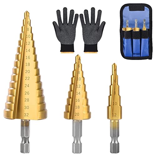 Norhogo HSS Stufenbohrer Set 3tlg, 4-12 mm/4-20mm/4-32mm Dreieckiger Metallbohrer, Schälbohrer ideal für Metall, Holz, Kunststoffe - Blechbohrer, Konusbohrer Gold von Norhogo