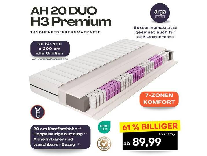 AH20 Premium 7-Zonen Taschenfederkernmatratze 20 cm H3 von Norma24