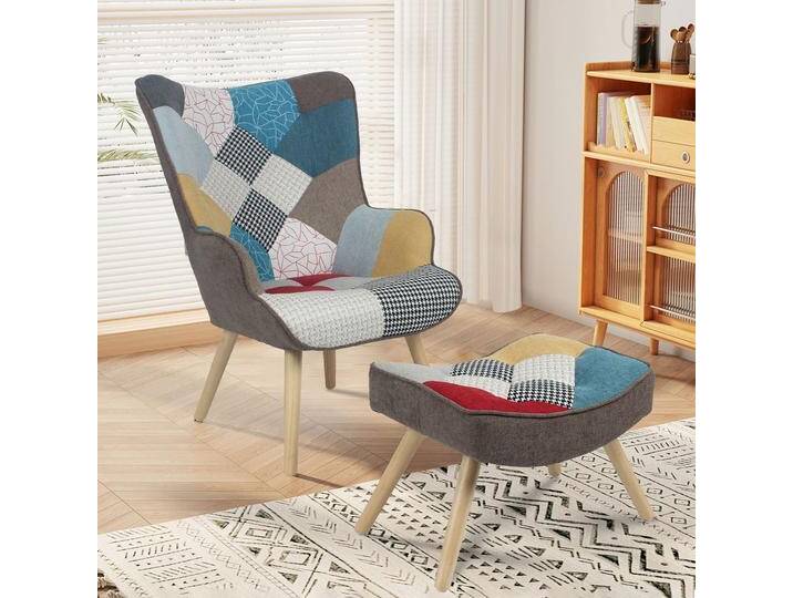 Skandinavischer Relaxsessel mit Hocker Stoffbezug Patchwork - ca. 96 x 76 x 69 cm - Mehrfarbig von Norma24
