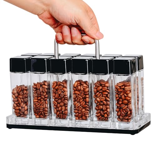 Normcore 12 Röhren, Einzeldosis Espressobohnenkeller, Kaffeebohnen-Aufbewahrungsröhrchen mit Einweg-Ablassventil, 12 Stück Glas-Kaffeebohnenkapseln mit Präsentationsständer und Trichter von Normcore