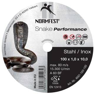 Normfest Trennscheibe für Metall, Stahl, Edelstahl 100mm x 1,00mm x 10,0mm für Tiefenschleifer Snake Performance von Normfest