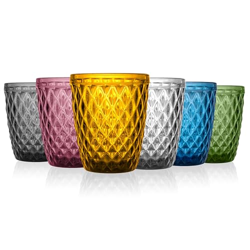 Norqvist Trinkgläser Set bunt - Gläser Set - Wassergläser farbig, Saftgläser - 6er Set 250 ml - Spülmaschinengeeignet - Stapelbar - Modernes Design mit Diamant Muster von Norqvist