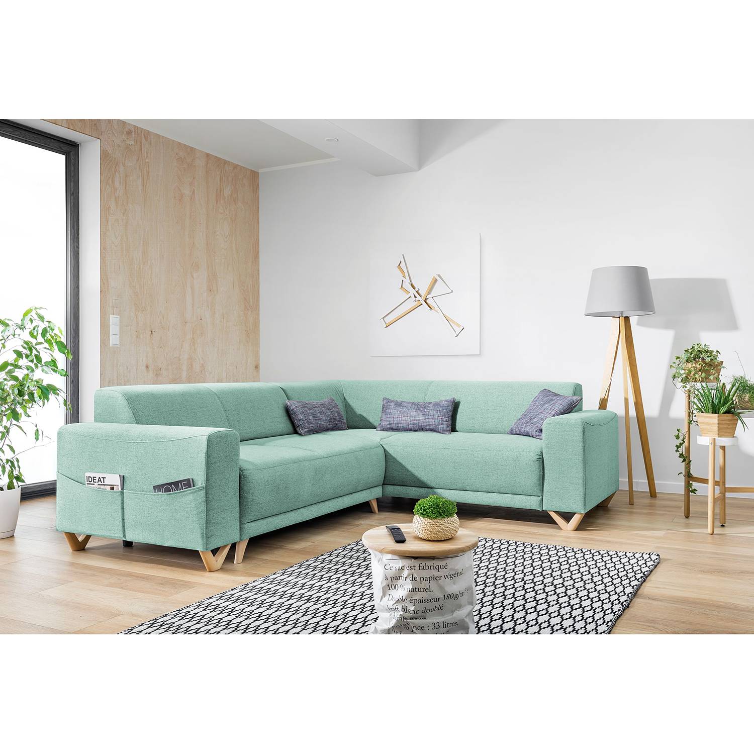 Norrwood Ecksofa Loiz I Babyblau Webstoff 245x76x210 cm mit Schlaffunktion und Bettkasten von Norrwood