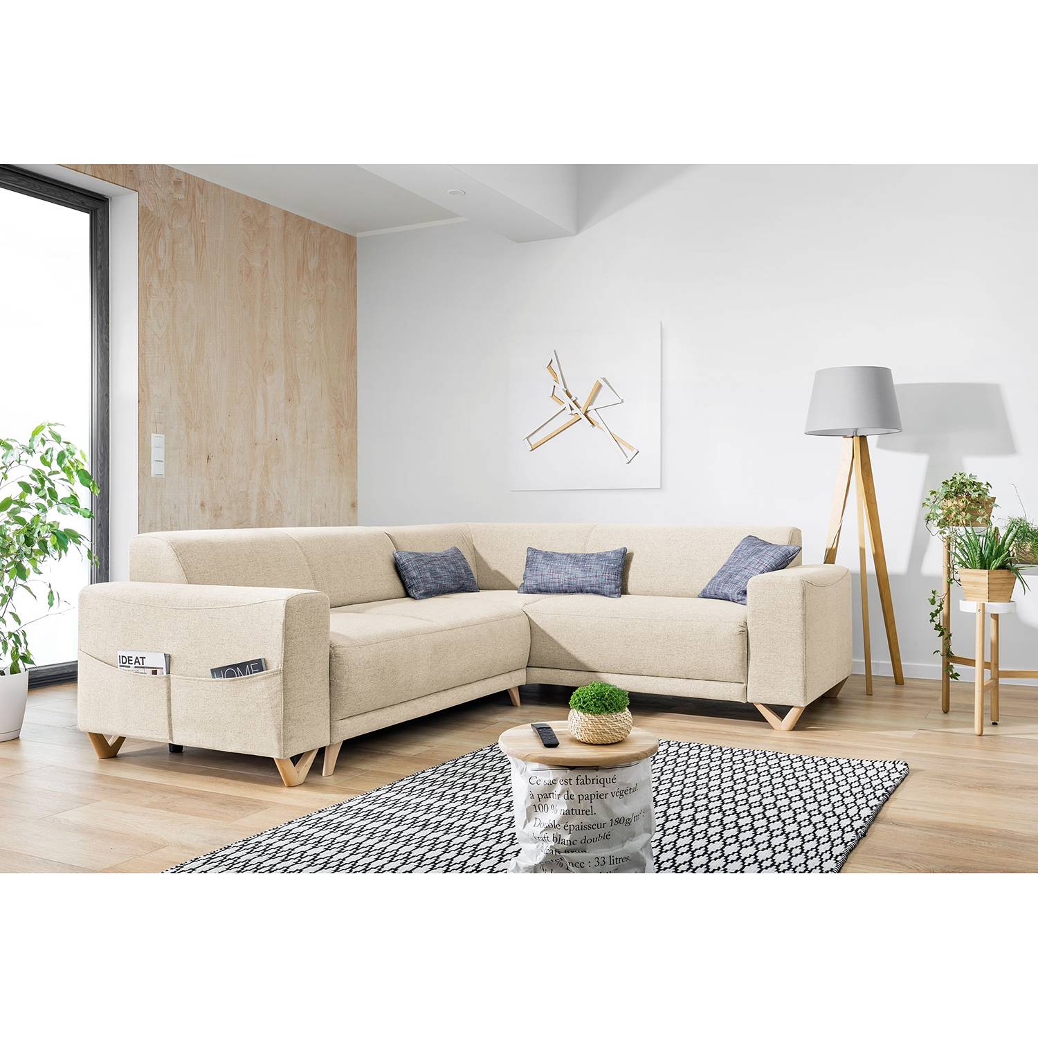 Norrwood Ecksofa Loiz I Beige Webstoff 245x76x210 cm mit Schlaffunktion und Bettkasten von Norrwood