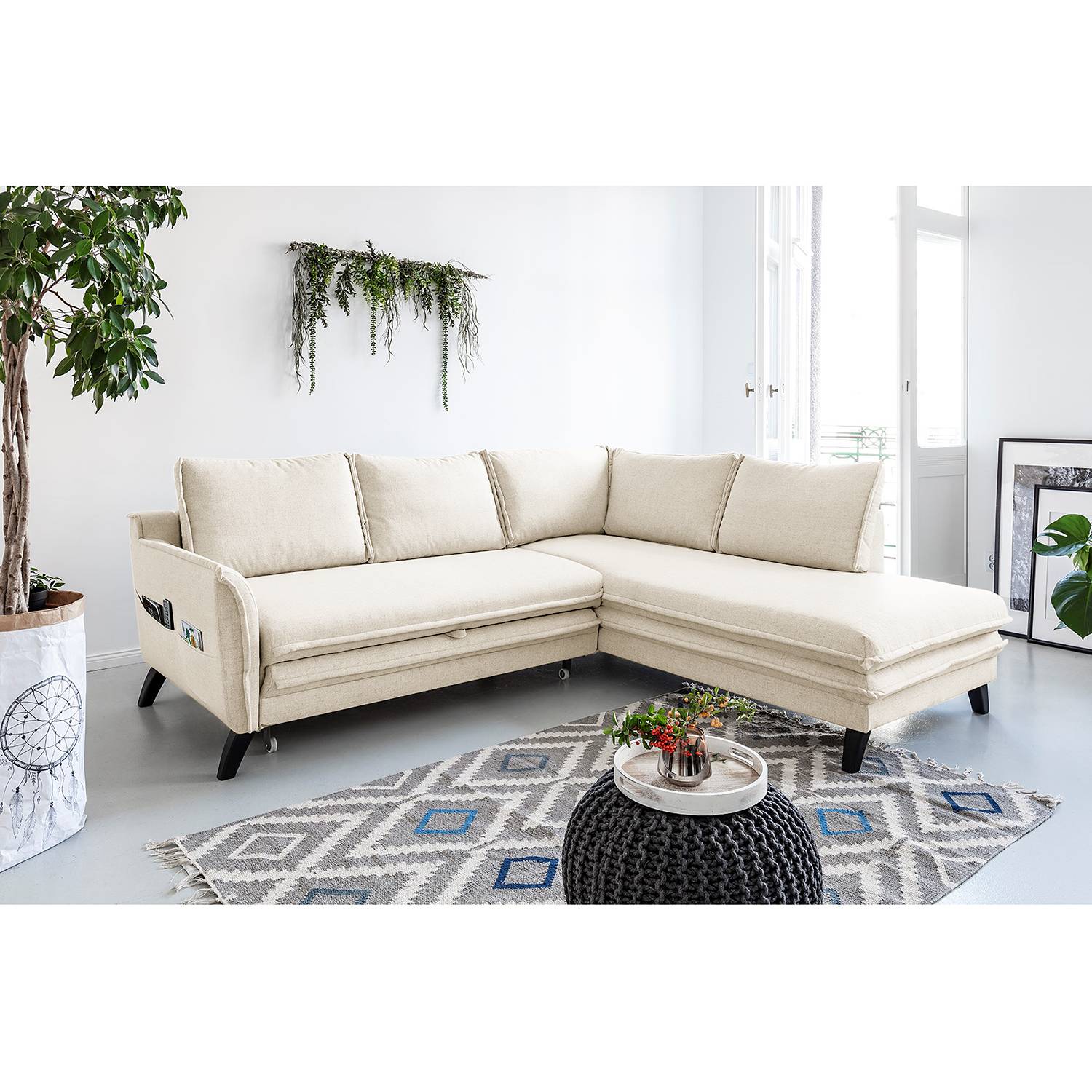 Norrwood Ecksofa Mia Mia I Beige Webstoff 232x86x202 cm mit Schlaffunktion und Bettkasten von Norrwood