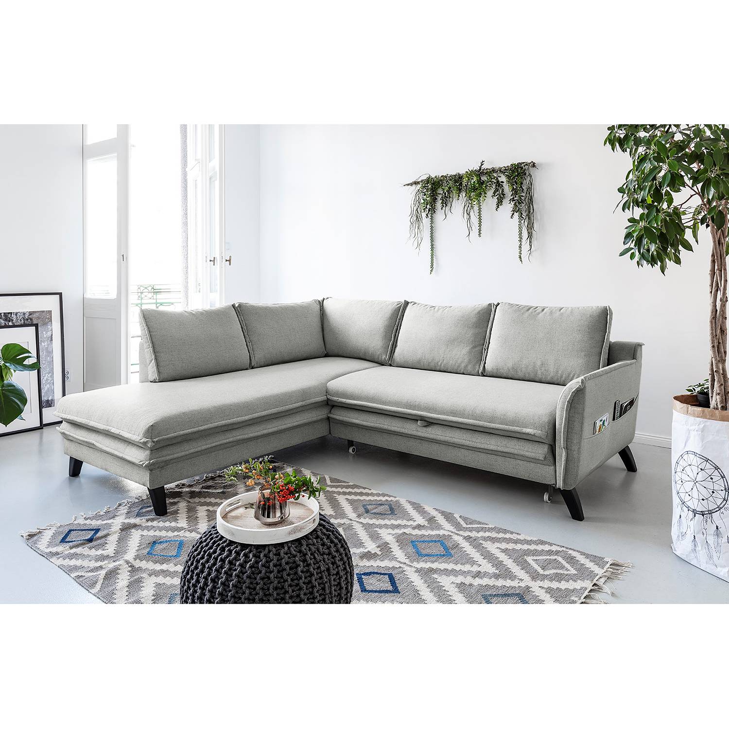 Norrwood Ecksofa Mia Mia I Hellgrau Webstoff 232x86x202 cm mit Schlaffunktion und Bettkasten von Norrwood