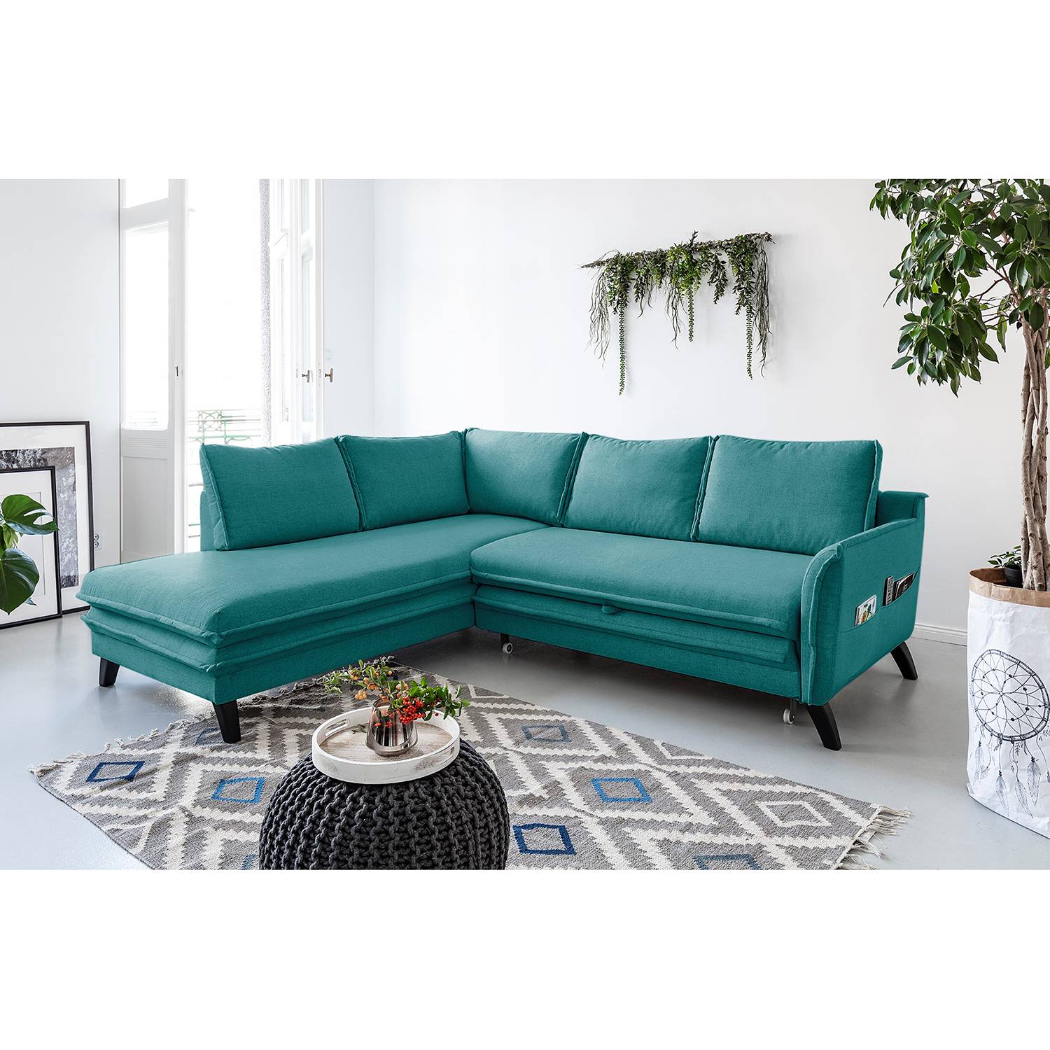 Norrwood Ecksofa Mia Mia I Petrol Webstoff 232x86x202 cm mit Schlaffunktion und Bettkasten von Norrwood