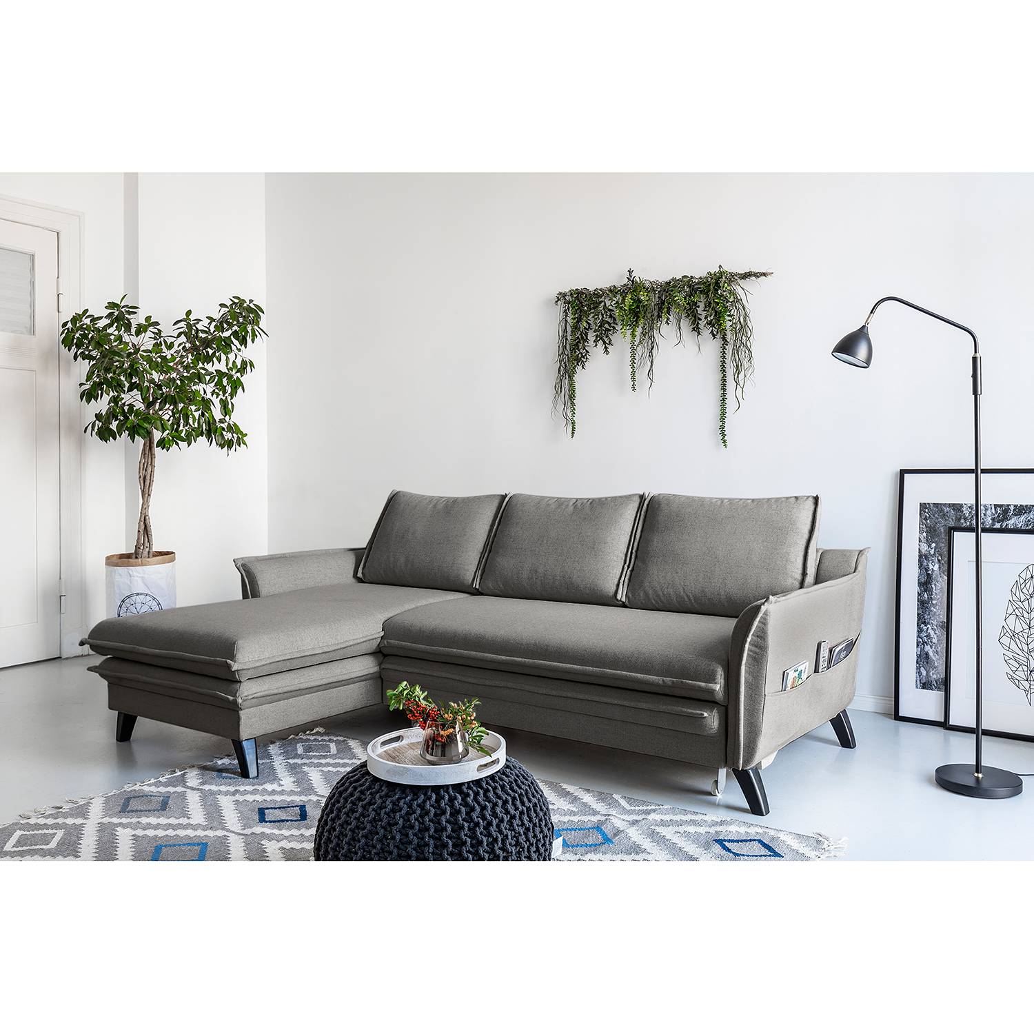 Norrwood Ecksofa Mia Mia II Grau Webstoff 227x86x149 cm mit Schlaffunktion und Bettkasten von Norrwood