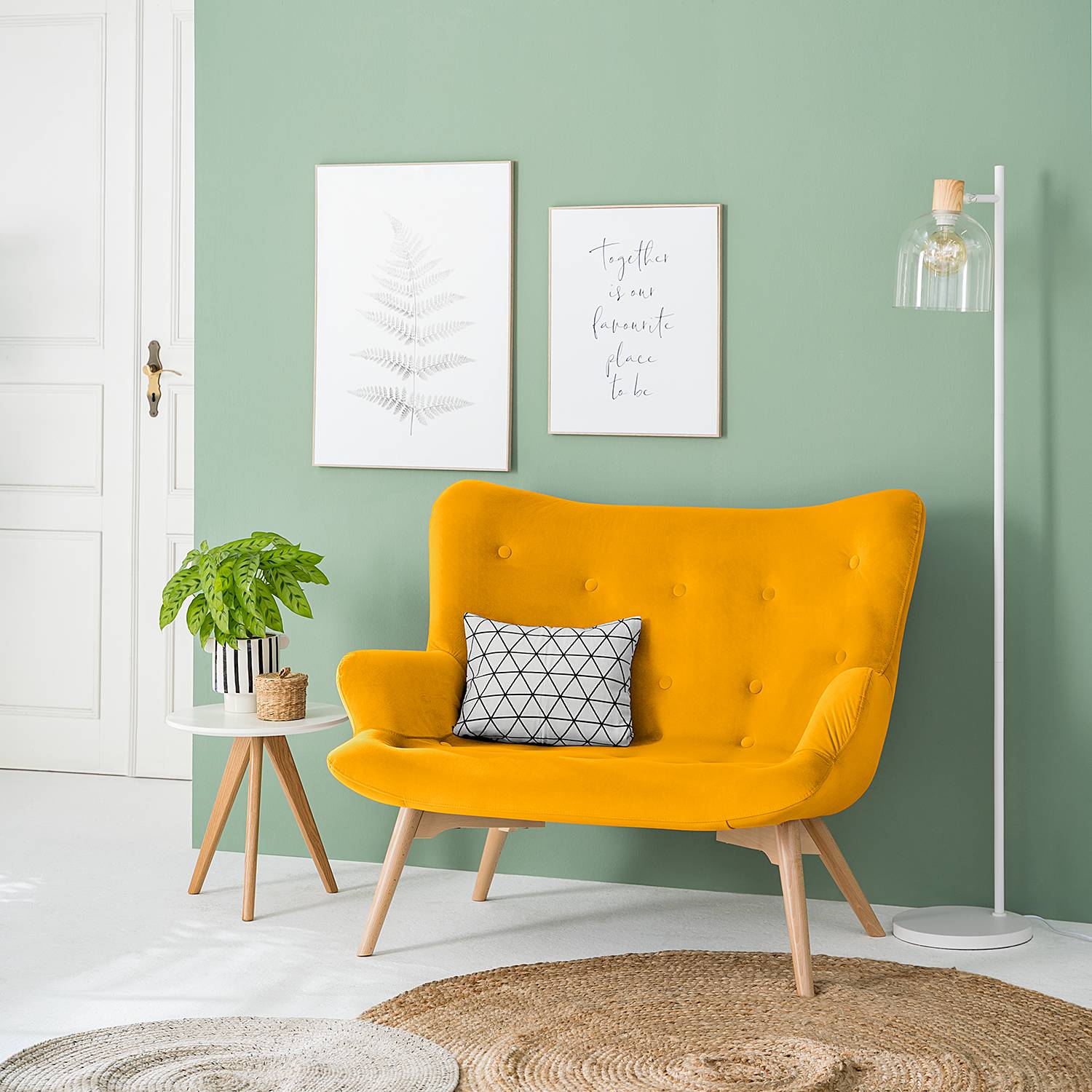 home24 2-Sitzer Sofa Gelb Samt Vaia 115 x 90 x 85cm Skandi von home24