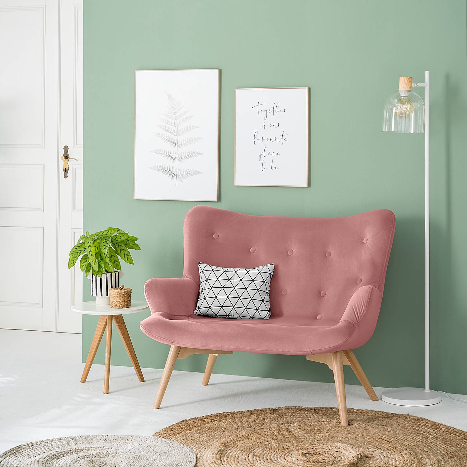 home24 2-Sitzer Sofa Pink Samt Vaia 115 x 90 x 85cm Skandi von home24