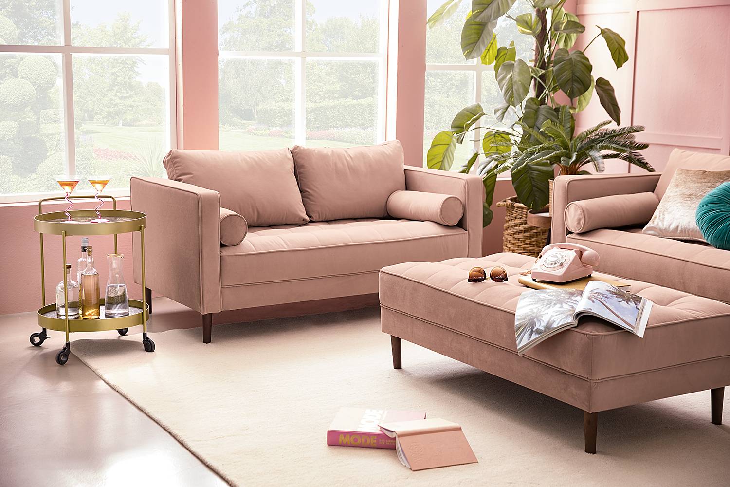 home24 2-Sitzer Sofa Pink Samt Vaia 150 x 80 x 86cm Glamour von home24