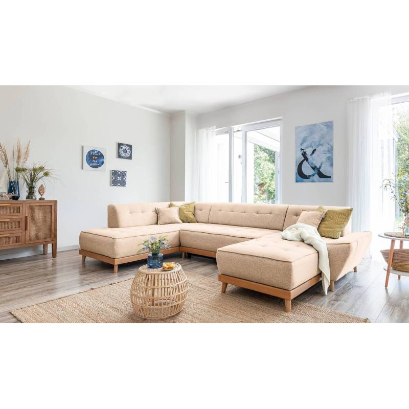 home24 Wohnlandschaft Surribas Beige Webstoff Lark 328 x 77 x 190cm Longchair davorstehend rechts / Ottomane links Skandi von home24