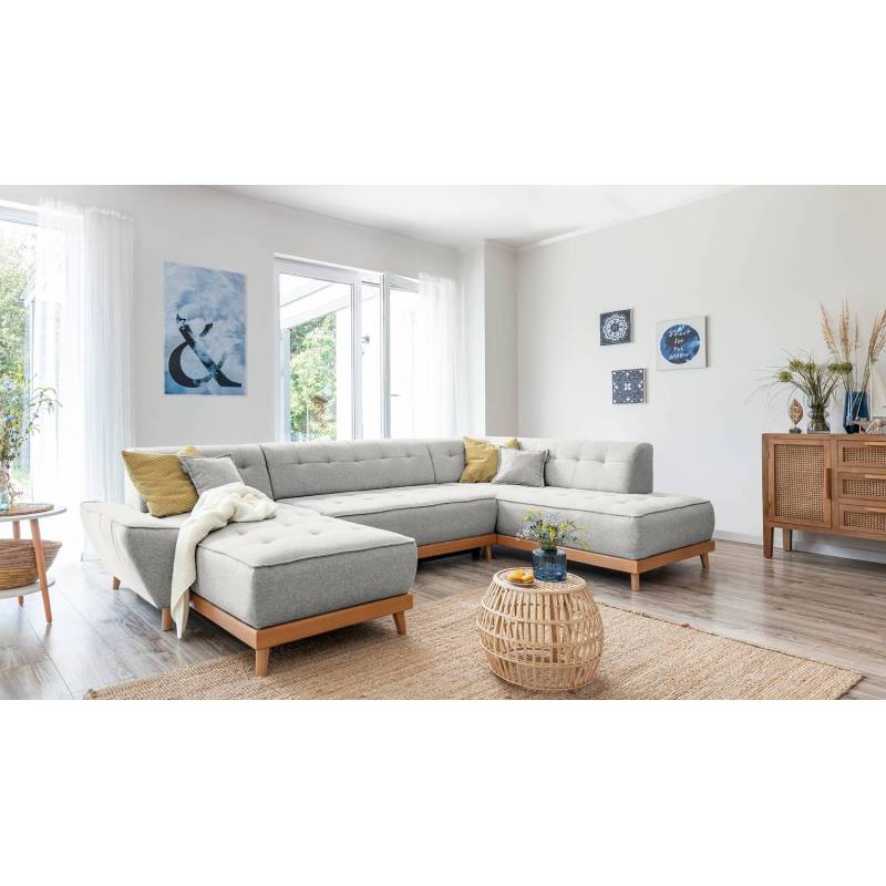 home24 Wohnlandschaft Surribas Grau Webstoff Lark 328 x 77 x 190cm Longchair davorstehend links / Ottomane rechts Skandi von home24