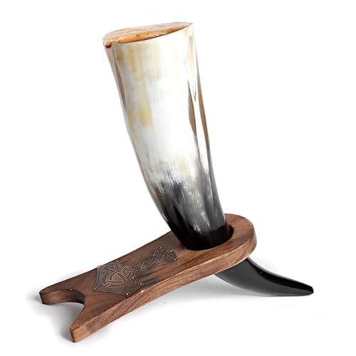 Norse Tradesman Echtes Ochsenhorn 30 Cm Wikinger trink horn Met Zum Trinken Mit Graviert Mit Mittelalter Bier Hornständer Geschenke Jute-geschenksack Enthalten (the Mjolnir, Hochglanzpoliert) von Norse Tradesman